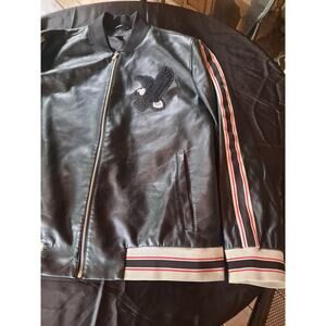 US$129 INC Intl Concept Black Faux Leather Fashion Varsity Jacket BIRD Applique